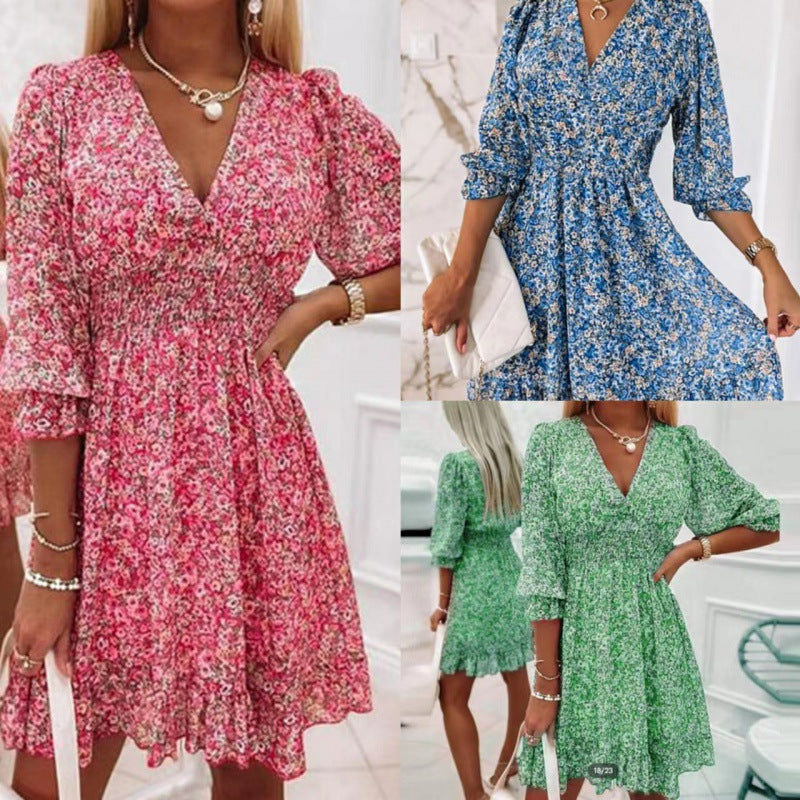 Damen Blusenkleid im romantischen Floral-Design mit V-Ausschnitt und Rüschenärmeln GR