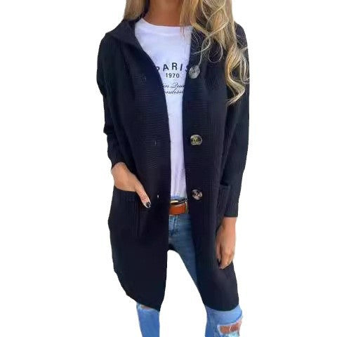 Damen Strickjacke mit Kapuze und Knöpfen GR
