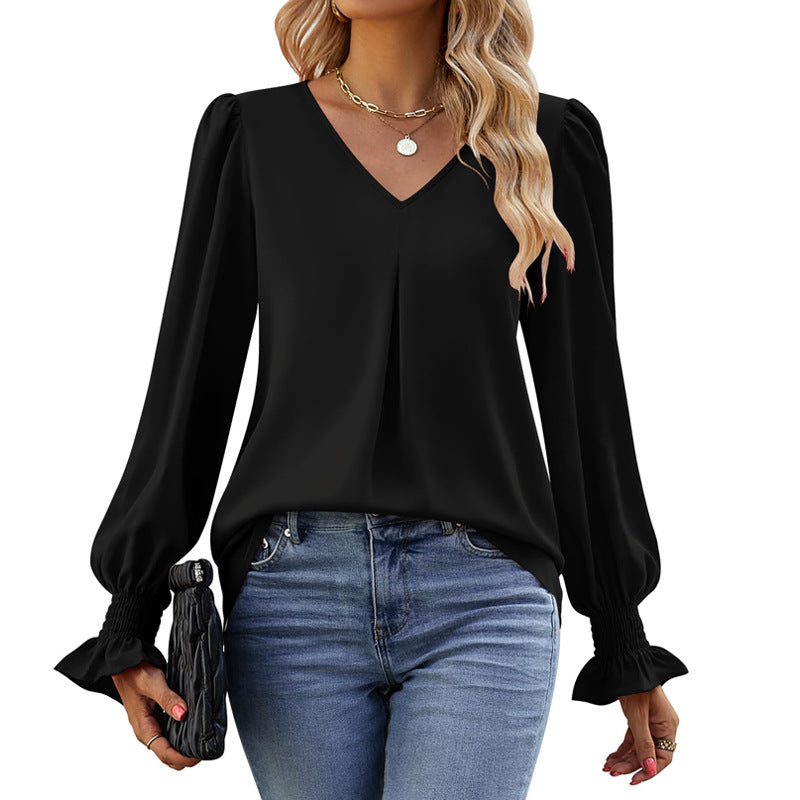 GR | Solid color V-neck top with puff sleeves and long sleeves