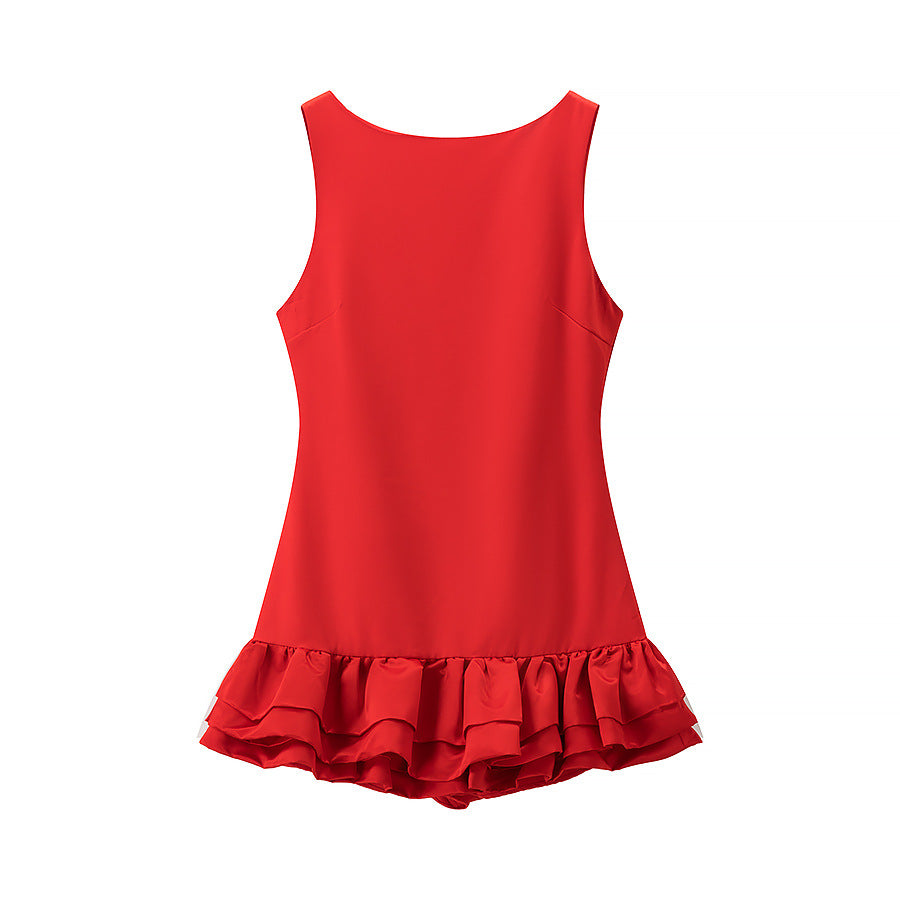 Women's ruffled swimsuit with a subtle U-neck and flowing hem, size S