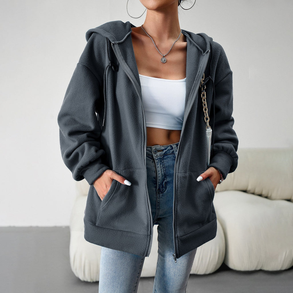 Women's fleece jacket with practical pockets and adjustable hood, size S