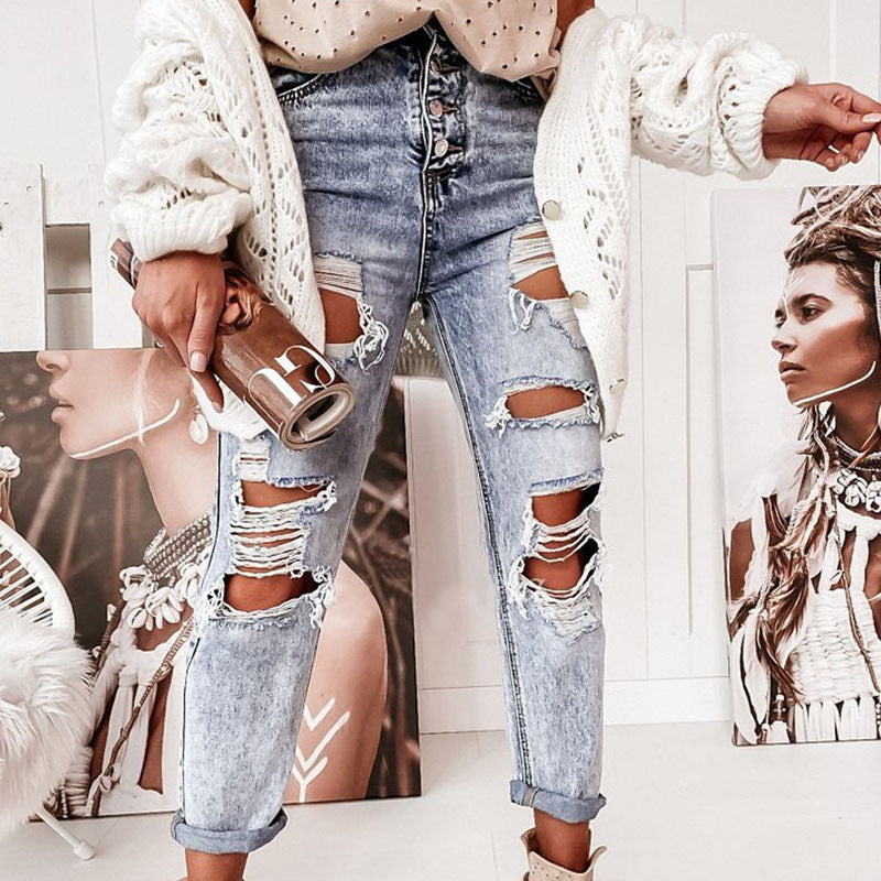 Damen Destroyed Boyfriend Jeans im lässigen Vintage-Stil mit hohem Bund GR