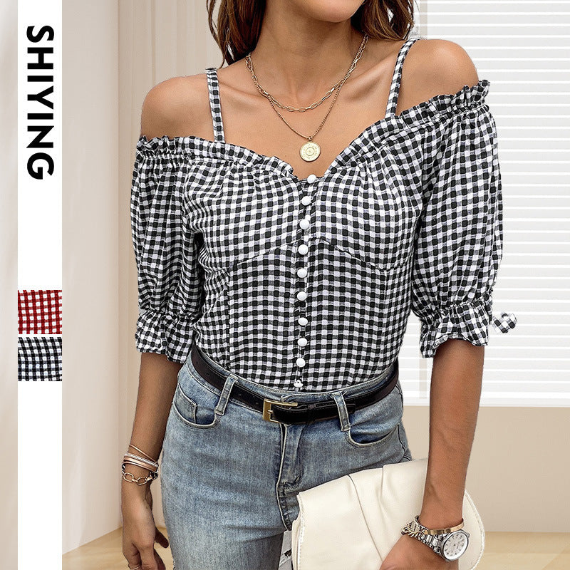 Damen Off-Shoulder Bluse mit Rüschendetails und Karomuster GR