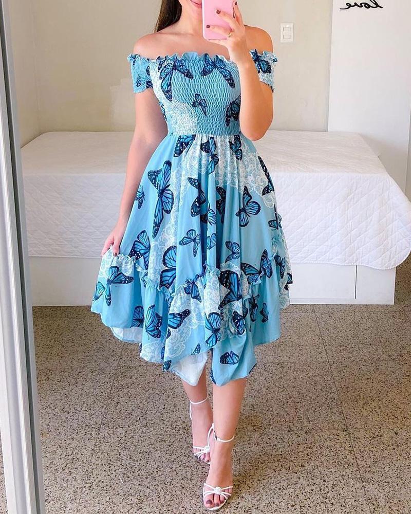 Damen Sommerliches Off-Shoulder Kleid mit farbenfrohem Schmetterlingsmuster und geschmeidigem Faltenwurf GR