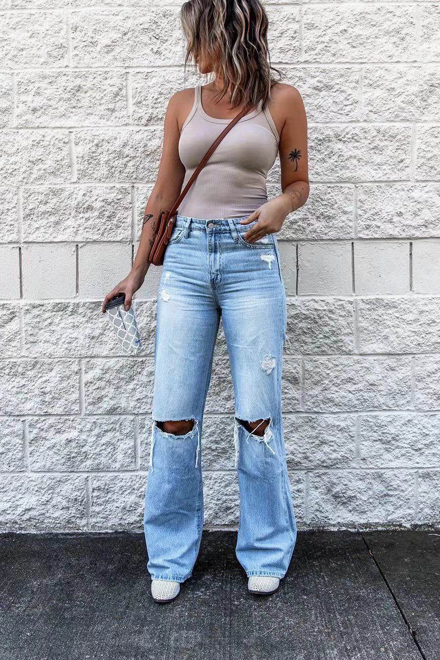 GR | Women's High Waist Ripped Wide Leg Jeans