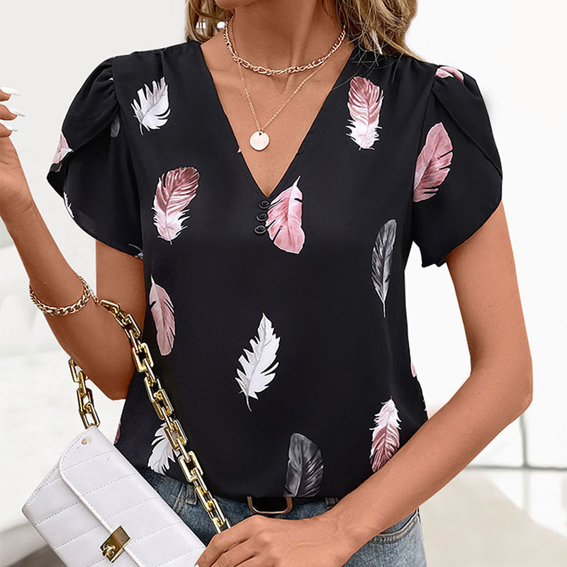 Damen Bluse mit romantischen Federmuster und Puffärmeln GR