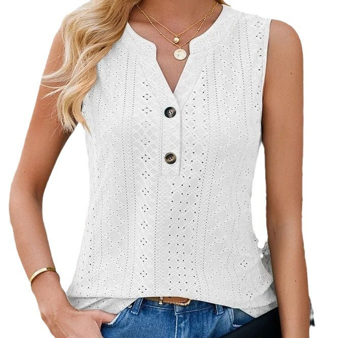 Women's sleeveless blouse top with button-decorated details and fine openwork pattern, size S