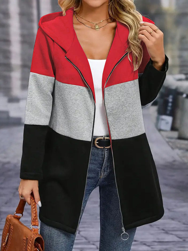 Damen modische Kapuzensweatjacke mit Farbblockdesign und bequemer Passform GR