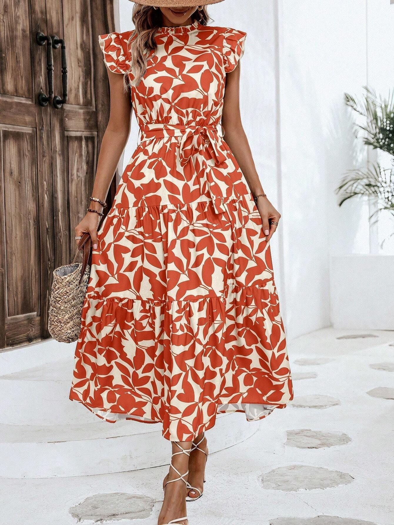 Women's casual midi dress with ruffles and floral pattern, size