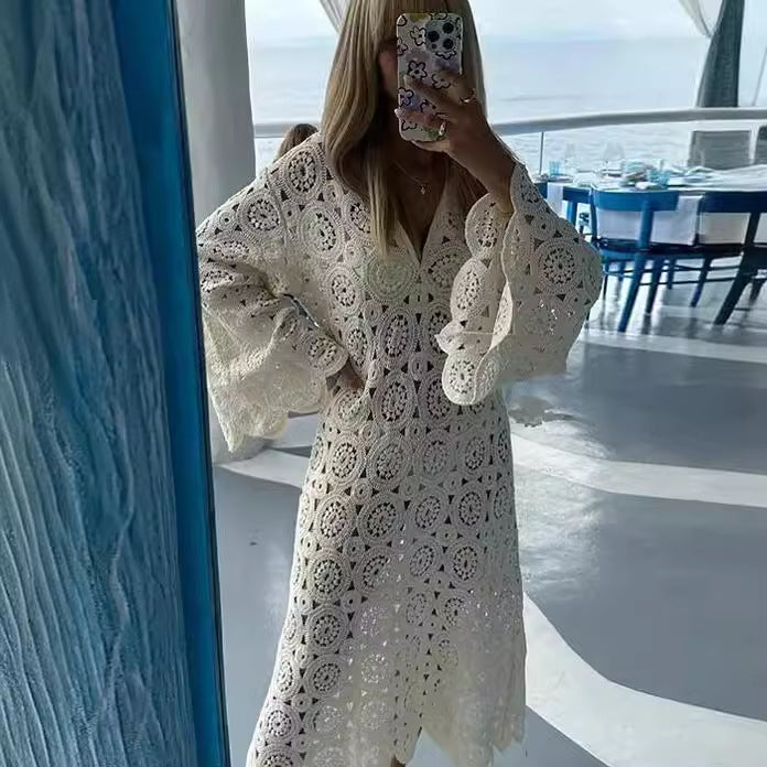 Women's airy crochet dress with wide sleeves, size