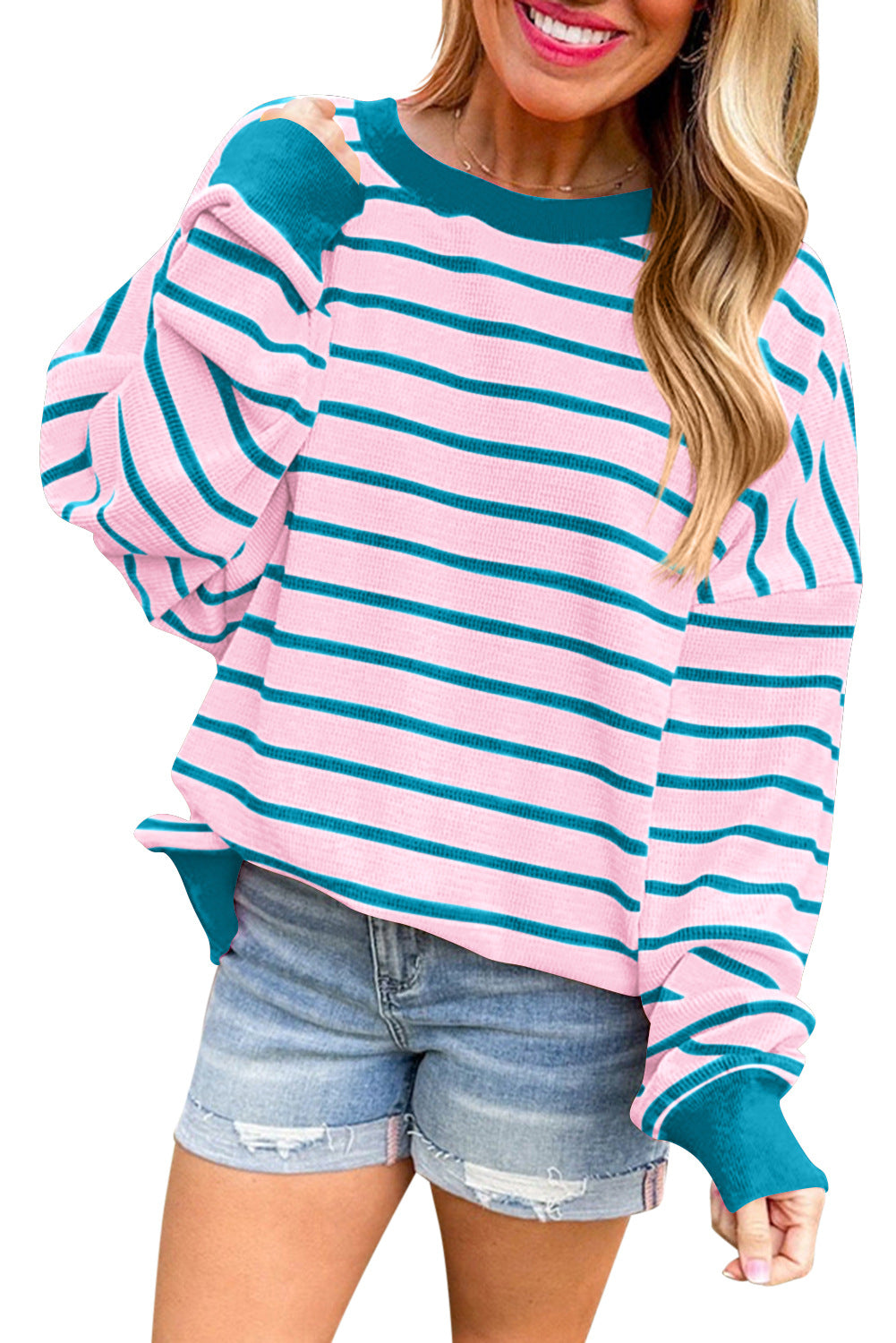 Damen lässiger und bequemer Pullover mit strukturiertem Rippenmuster und weitem Schnitt GR