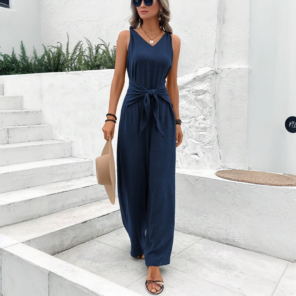 Women's elegant jersey jumpsuit with wide legs and side pockets, size