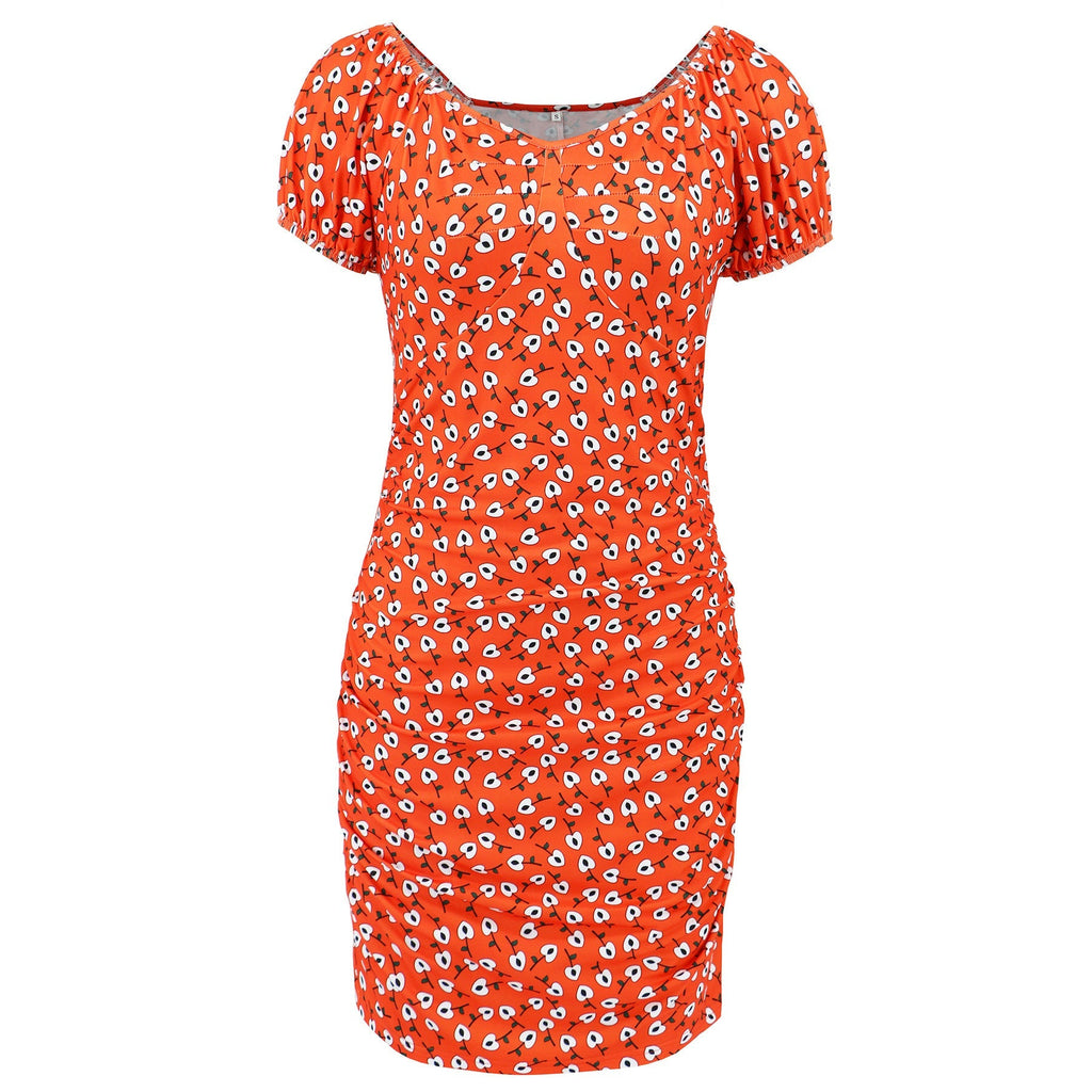Women's floral print mini dress with puff sleeves, size