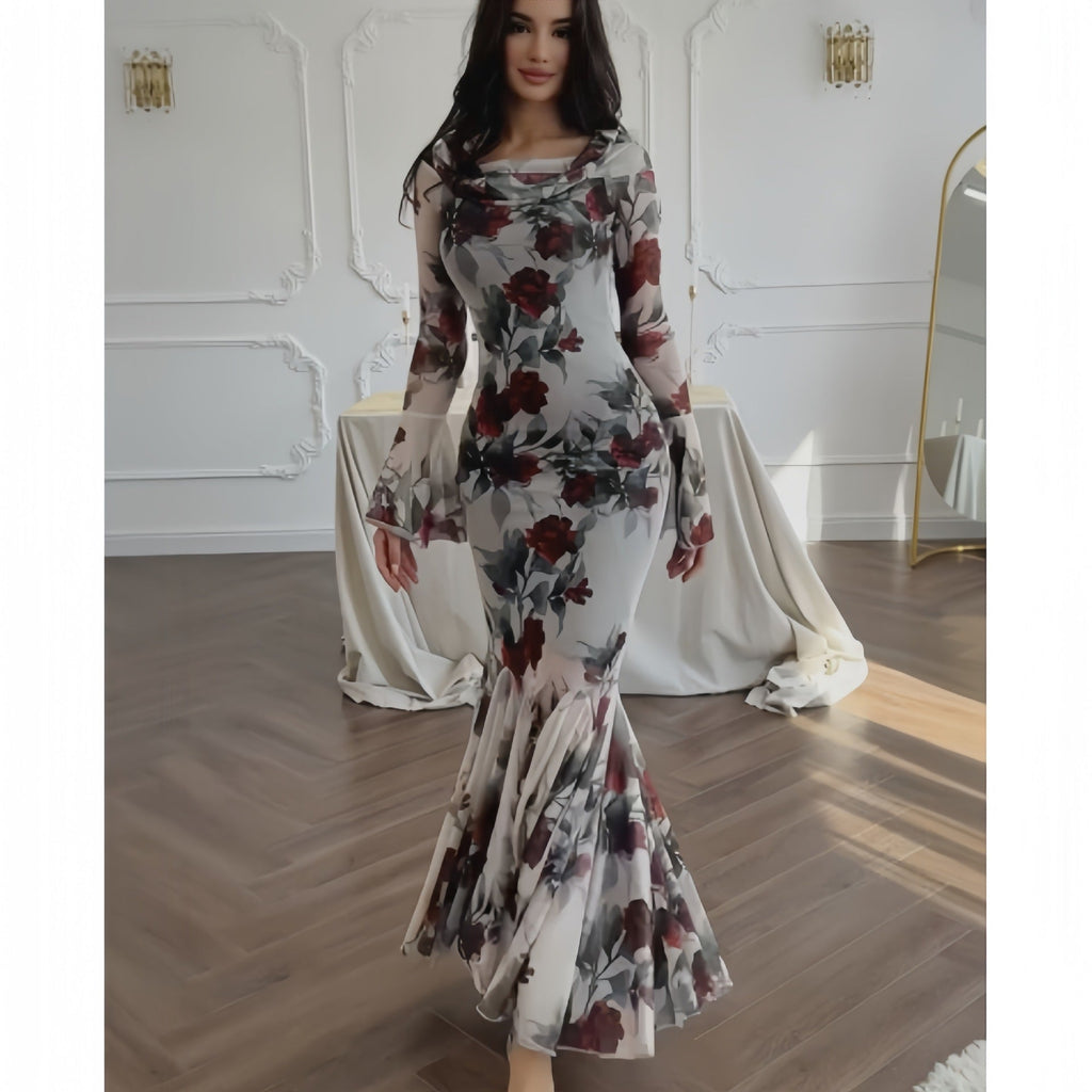 GR | Floral Pattern Long Sleeve Long Skirt Dress