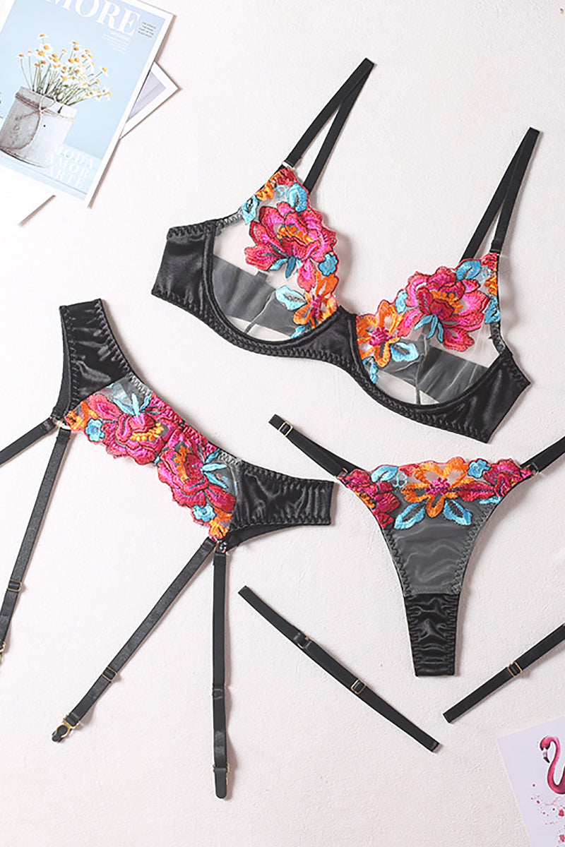 GR | Satin Sheer Floral 3 Piece Lingerie Set
