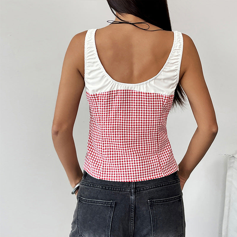 Women's fashionable top with a checkered pattern and a sophisticated tie belt, size S