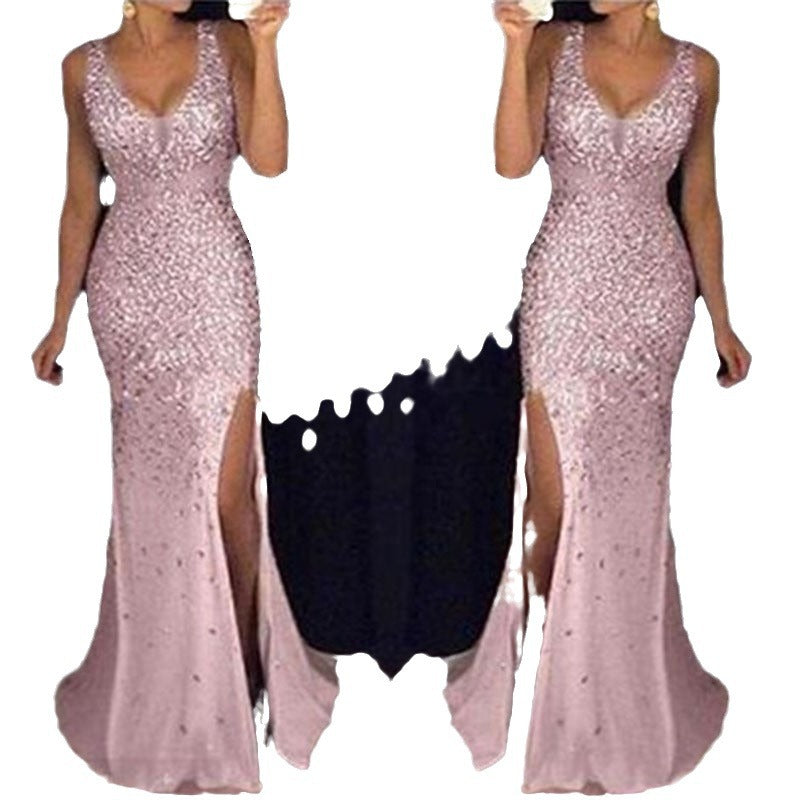 Women's sparkling evening dress with deep V-neck and side slit, size