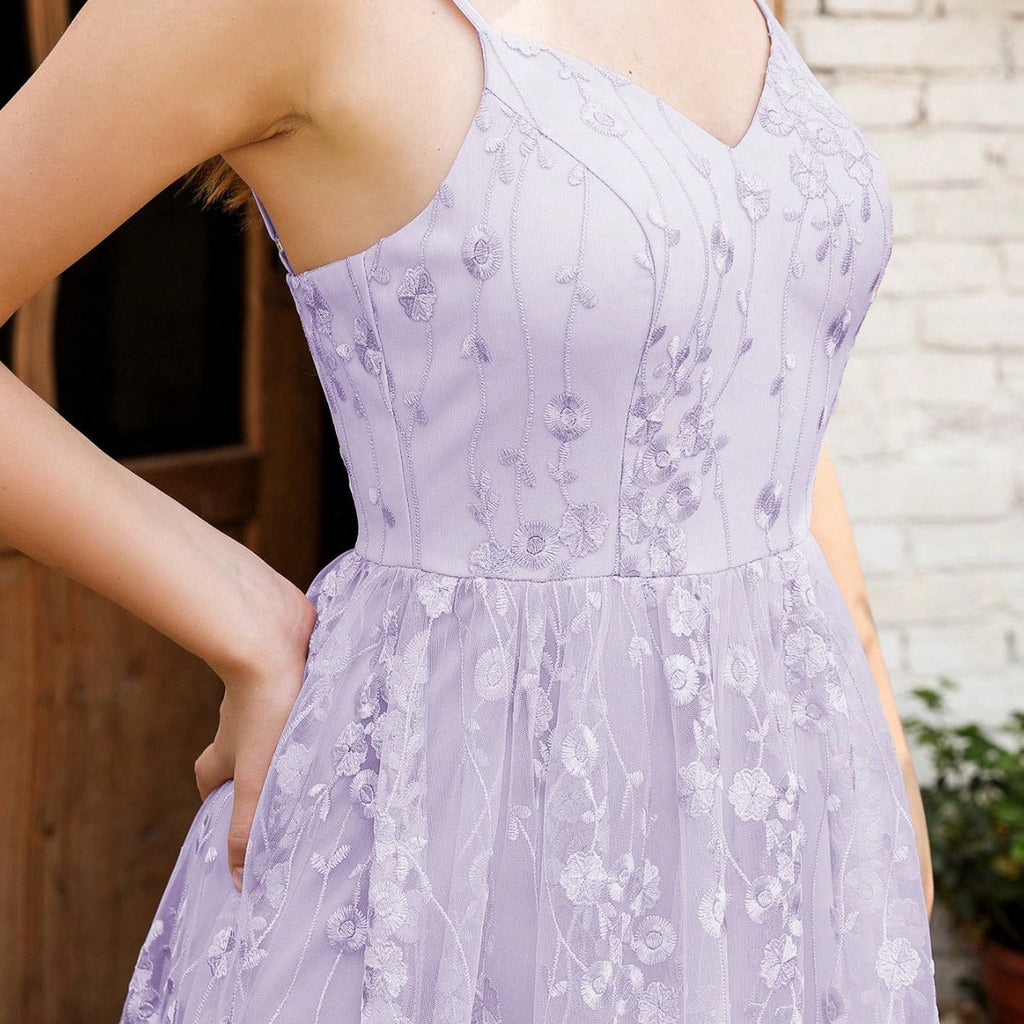 GR | V-Ausschnitt Träger Abendkleid Mesh Bestickter Rücken Freie Elegante Abendkleid Tanzkleid Festkleid Brautjungfernkleid