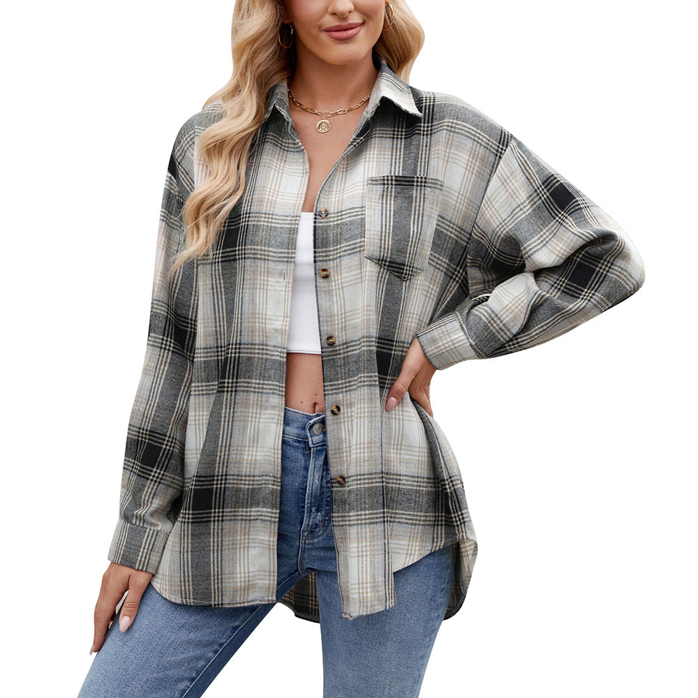 Women's Checkered Oversized Shirt Blouse GR