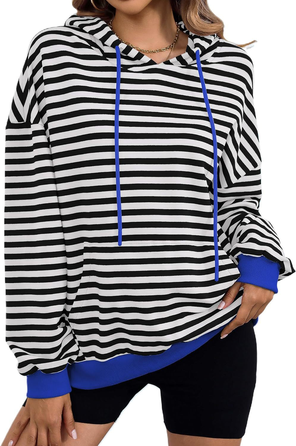 Damen gestreifter Kapuzenpullover mit stylischer Kängurutasche GR