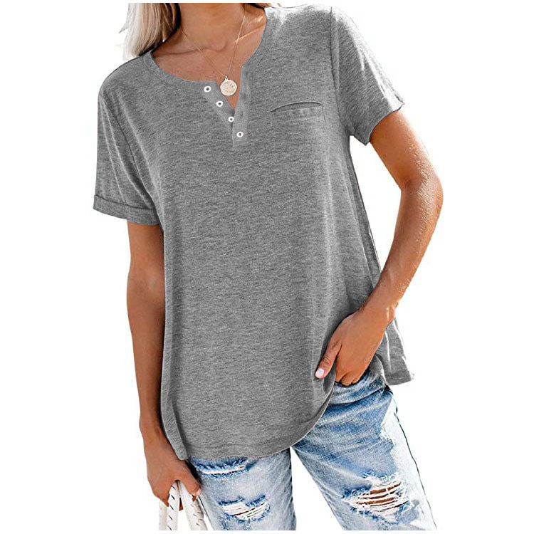 Women's casual T-shirt with button placket and chest pocket, size