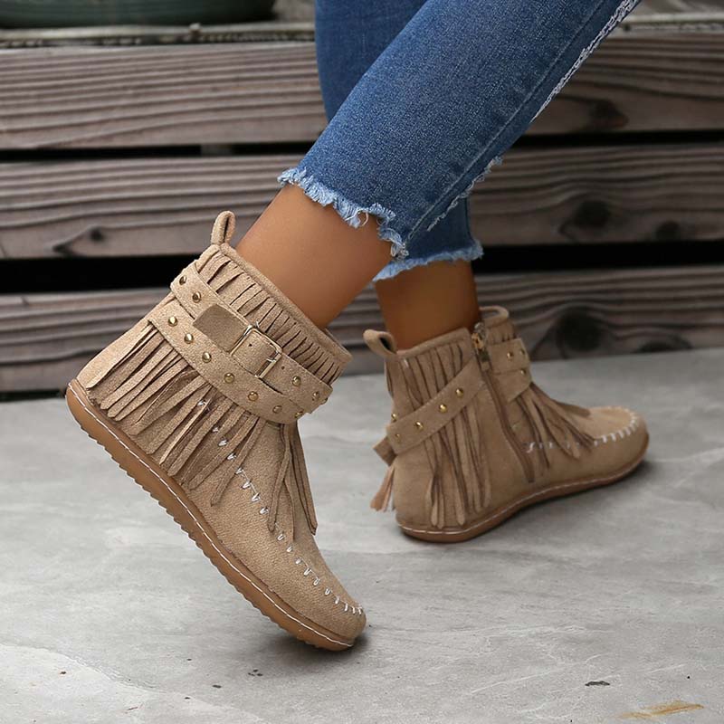 GR | Boho ankle boots with fringes and buckles for women