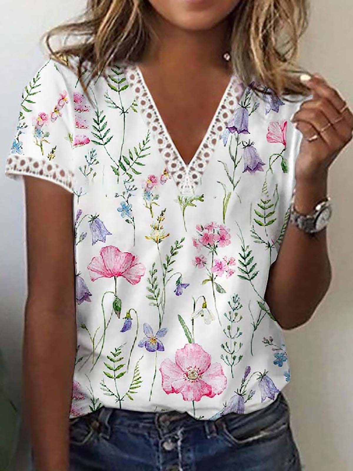 GR | Elegant short-sleeved V-neck printed T-shirt for women