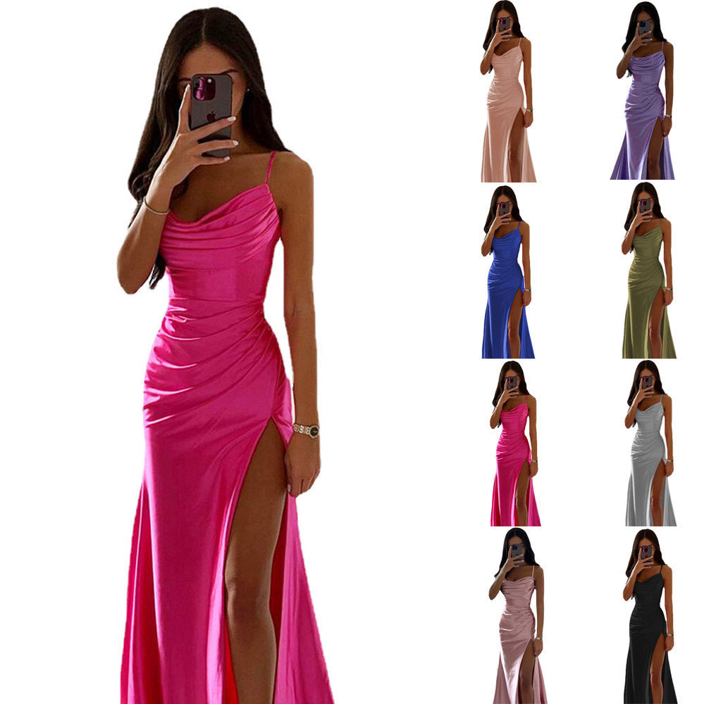 GR | Schnürung Falten Schlitz Satin Schmaler Schnitt Bodycon Kleid