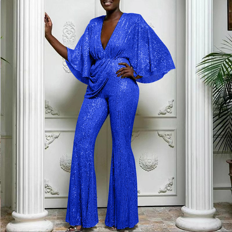 GR | Sequin Deep V Backless Long Pants Jumpsuit