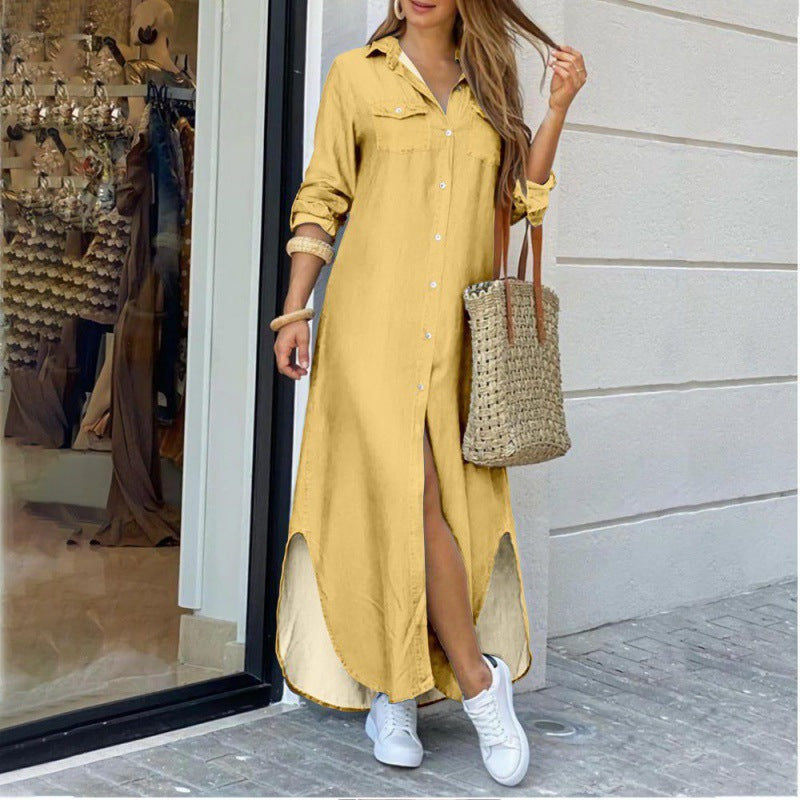 Women's shirt dress with elegant slit and practical pockets, size