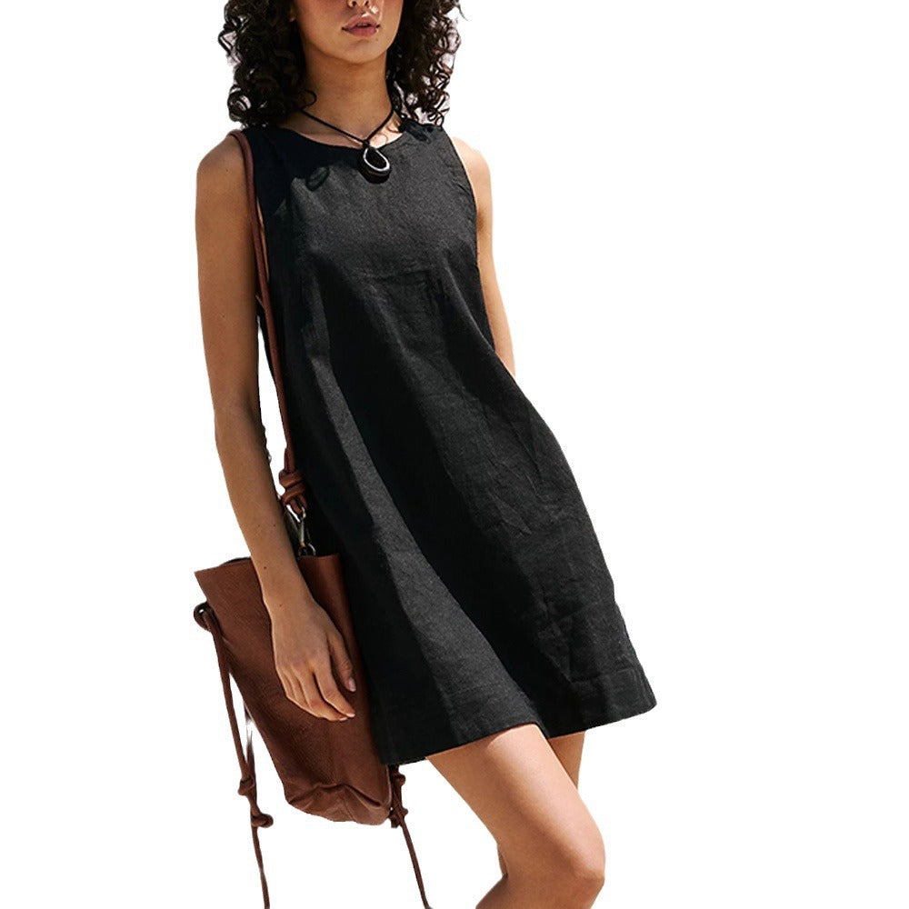 GR | Leinen Tank Rückenfreies Einfarbiges Mini Kleid