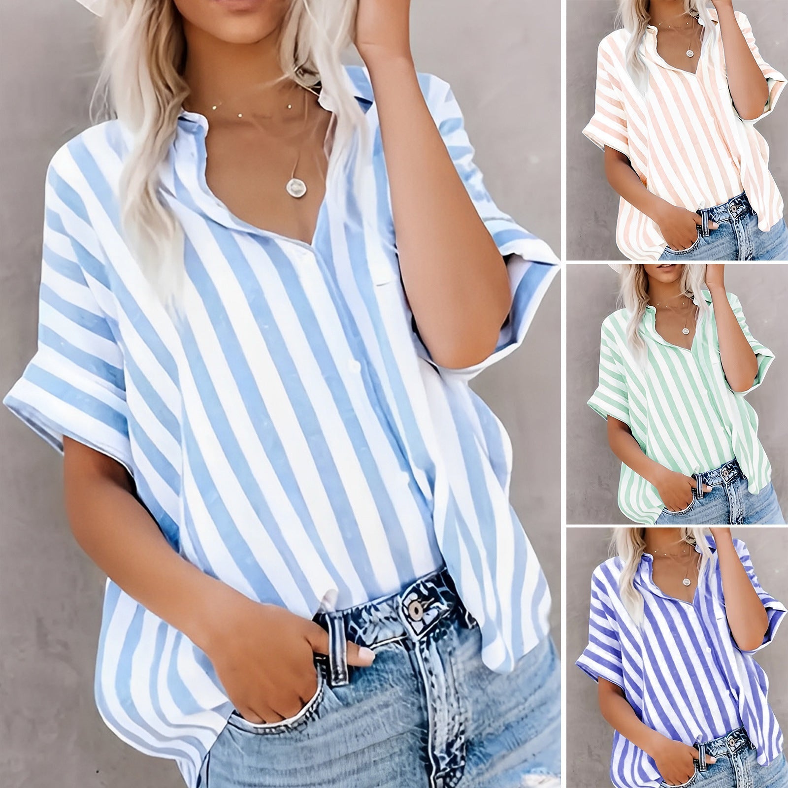 Women's Oversized Striped Shirt with Classic Collar and Short Sleeves, Size