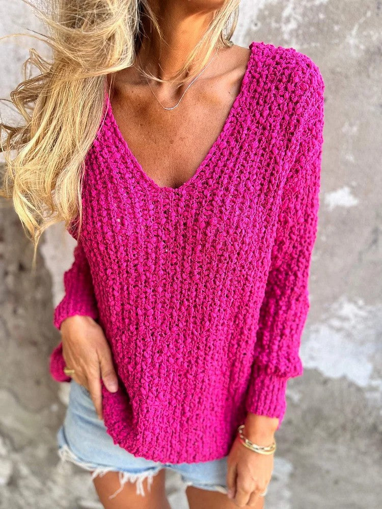 GR Chunky gestrickter V-Ausschnitt gemütlicher langärmeliger Pullover