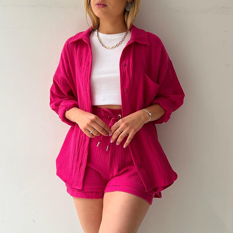 Women's casual summer outfit with modern button placket and elastic waistband, size S