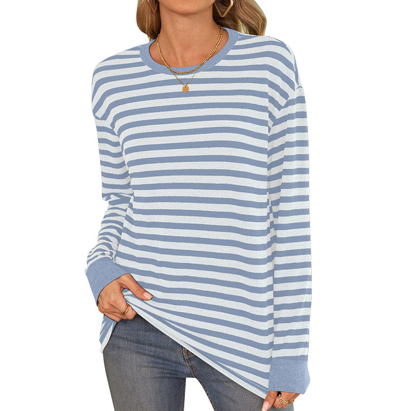 Women's comfortable long-sleeved shirt with striped design and round neckline, size