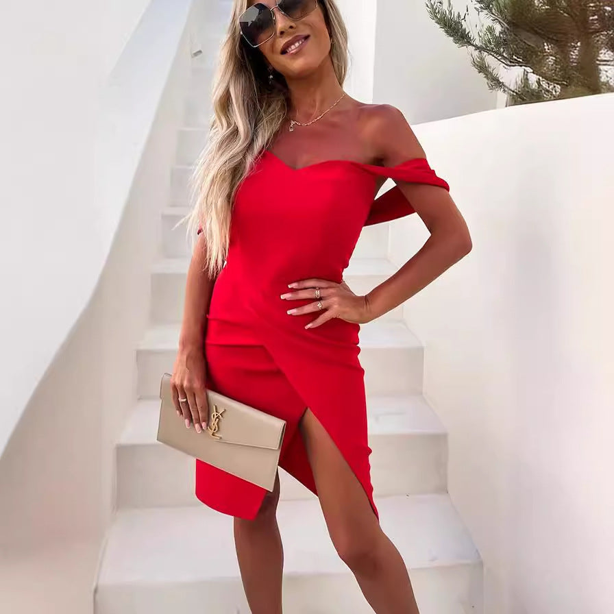 Women's elegant wrap dress with chic shoulder design and figure-hugging cut, size [size missing]