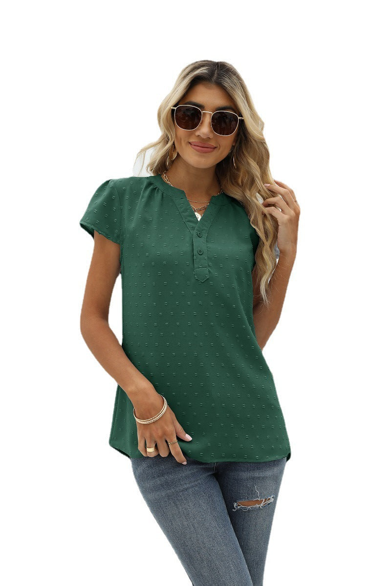 GR | Jacquard Chiffon Loose V-Neck Short Sleeve Top