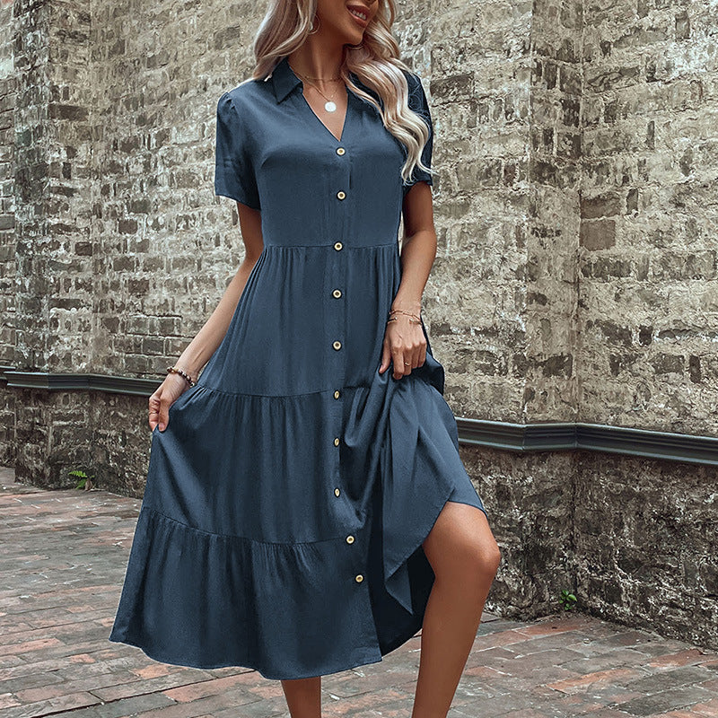 Damen Hemdblusenkleid mit eleganten Knopfdetails und voluminösem Rock GR