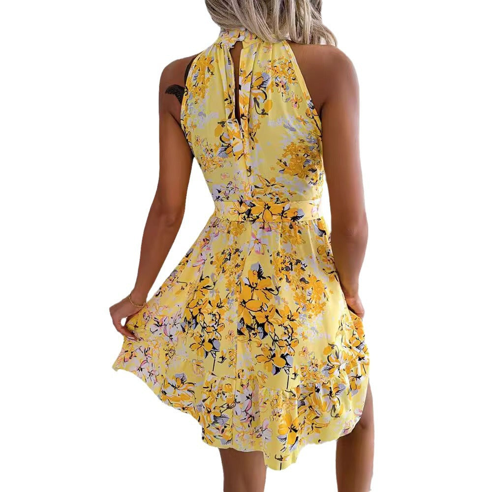 Women's summer mini dress with elegant neckline and floral details, size