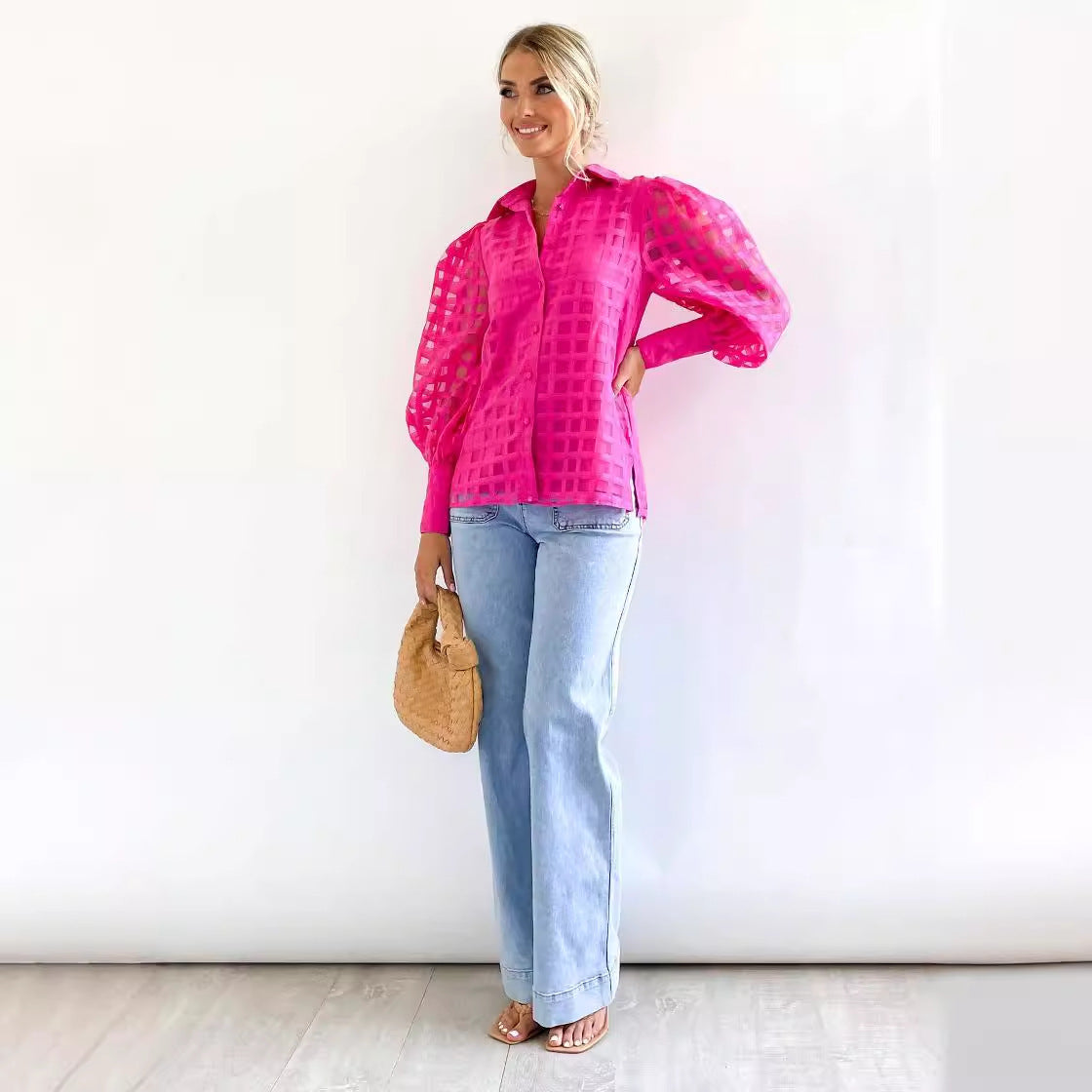 Women's checked shirt with sheer puff sleeves, size