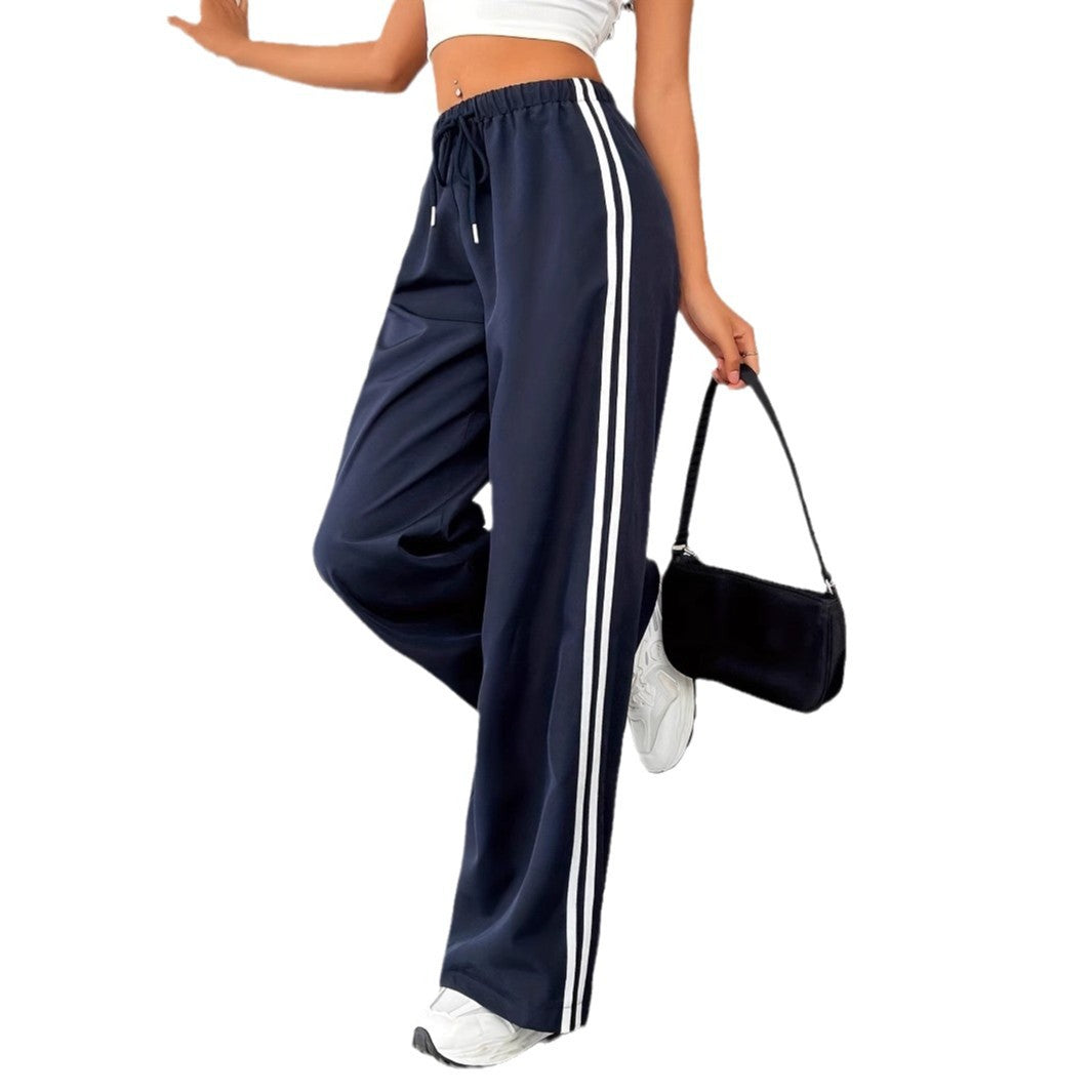 Women's high-waisted casual trousers with sporty stripes, size