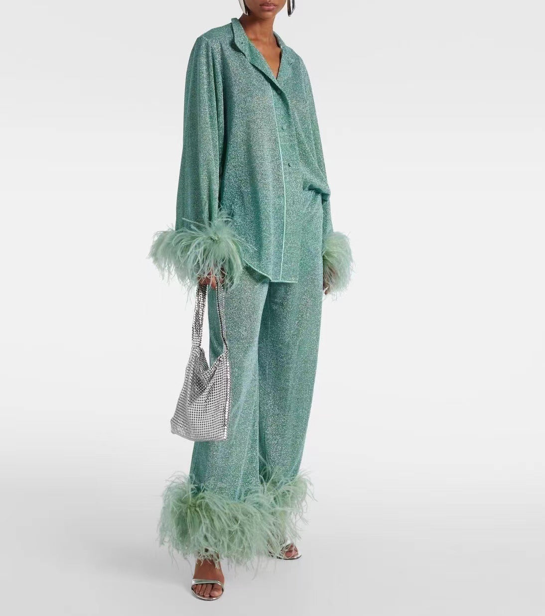 GR | Autumn Winter Feather Stand-up Collar Long Sleeve Top and Trousers Set 