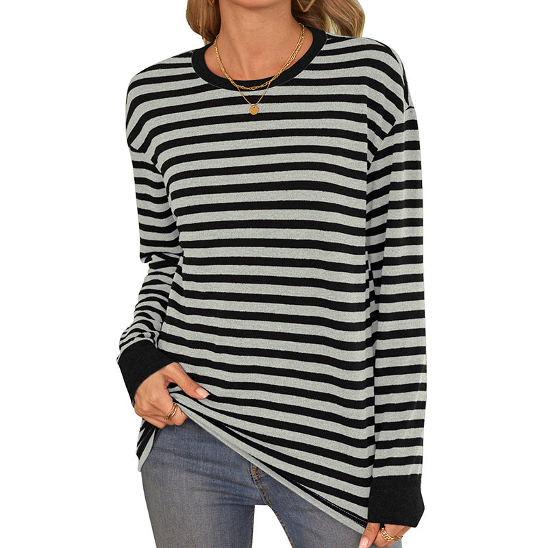 Women's comfortable long-sleeved shirt with striped design and round neckline, size