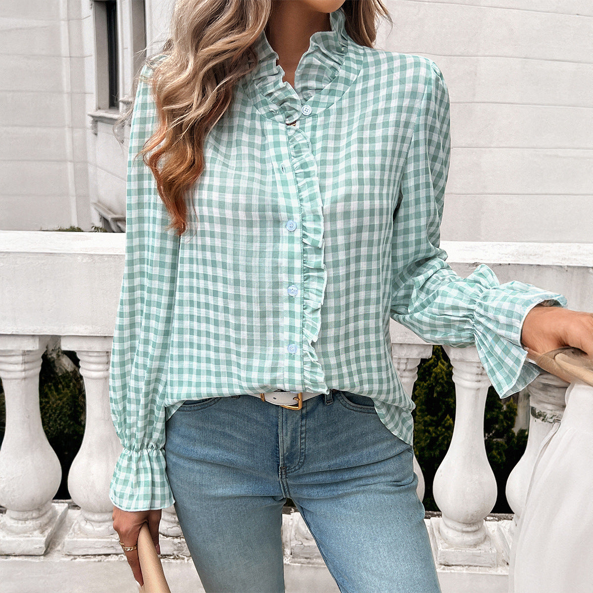 Damen Karierte Bluse mit Rüschendetails und Knopfleiste GR