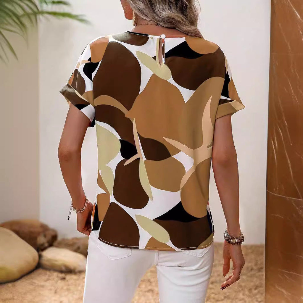 Women's casual blouse top with a modern botanical print and relaxed fit, size [size missing]
