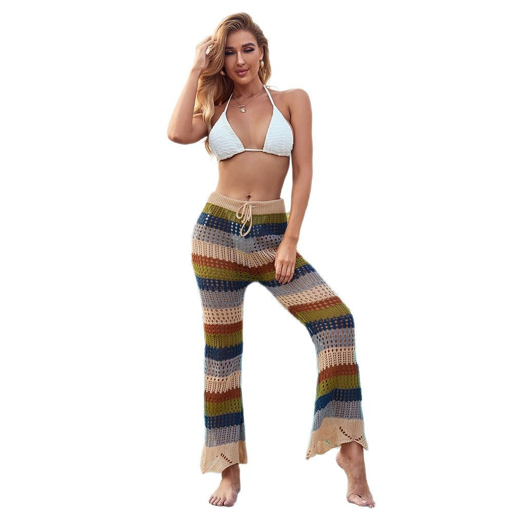 Women's airy crochet trousers in boho style with a high waist, size