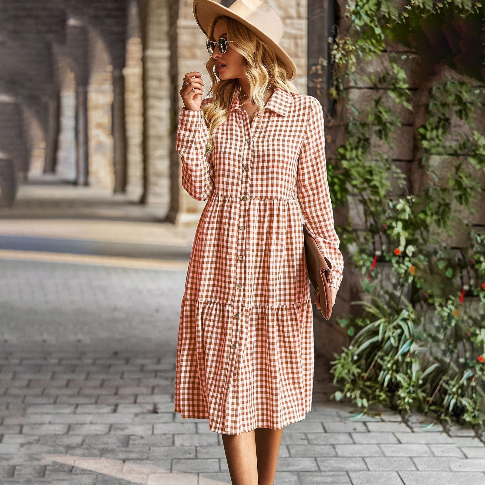 Women's checked midi blouse with button placket and flared skirt, size GR