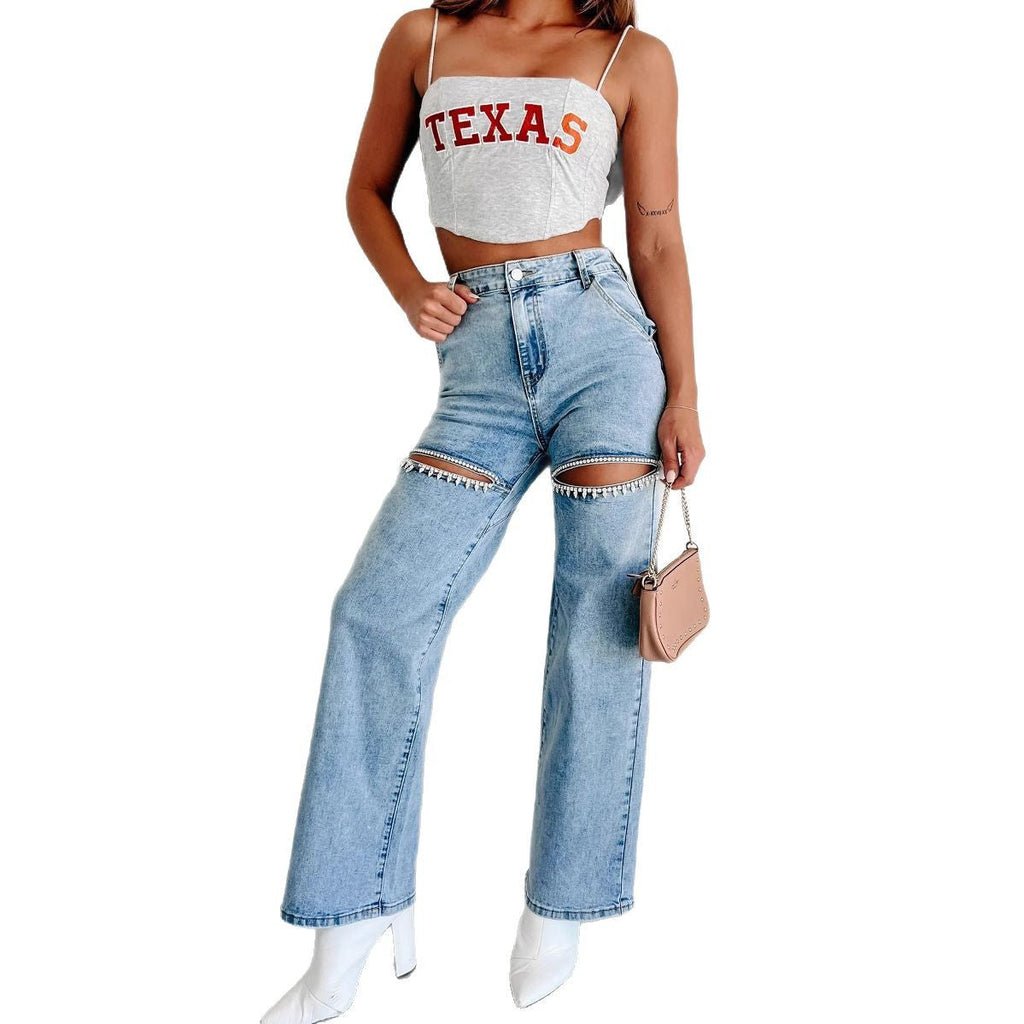 Women's wide-leg jeans with cut-out details and elegant fringe, size GR