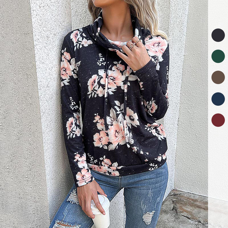 Women's blouse with floral design and modern hoodie neckline, size