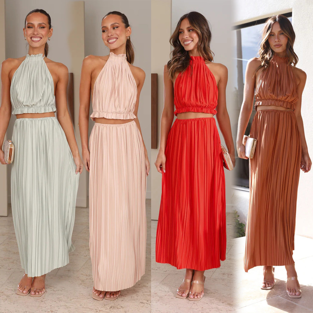 GR | Year Sexy Halter Backless Sexy Lace-up Dress Pleated Dress